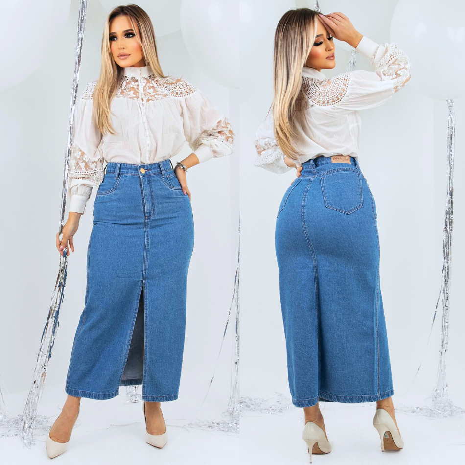 Saia Jeans Destroyed  Longa Cintura Alta Com Botões Alta Tendência Aballa Moda Evangélica em Oferta na Shopee