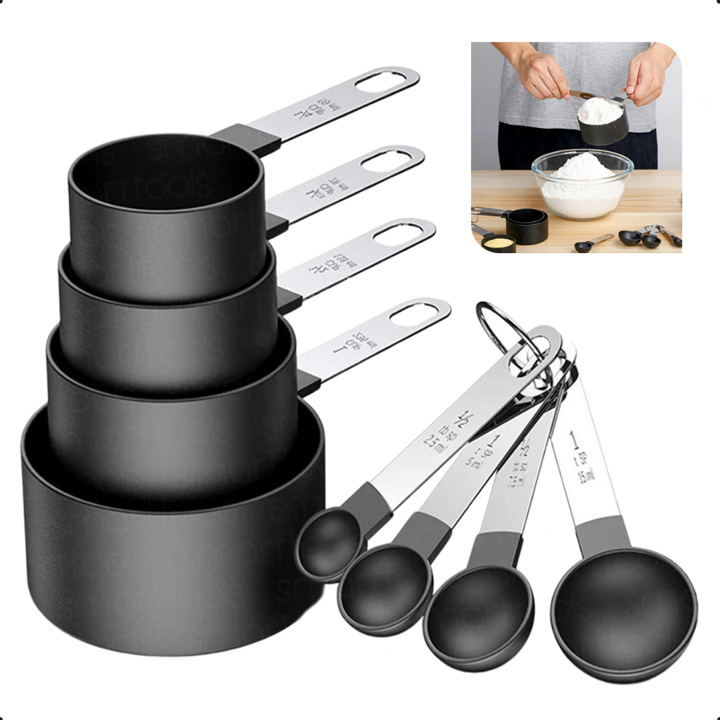 Conjunto Colher Xicaras Medidoras Com 8 Peças Inox Prático Colher Medidora Cozinha Alimentos