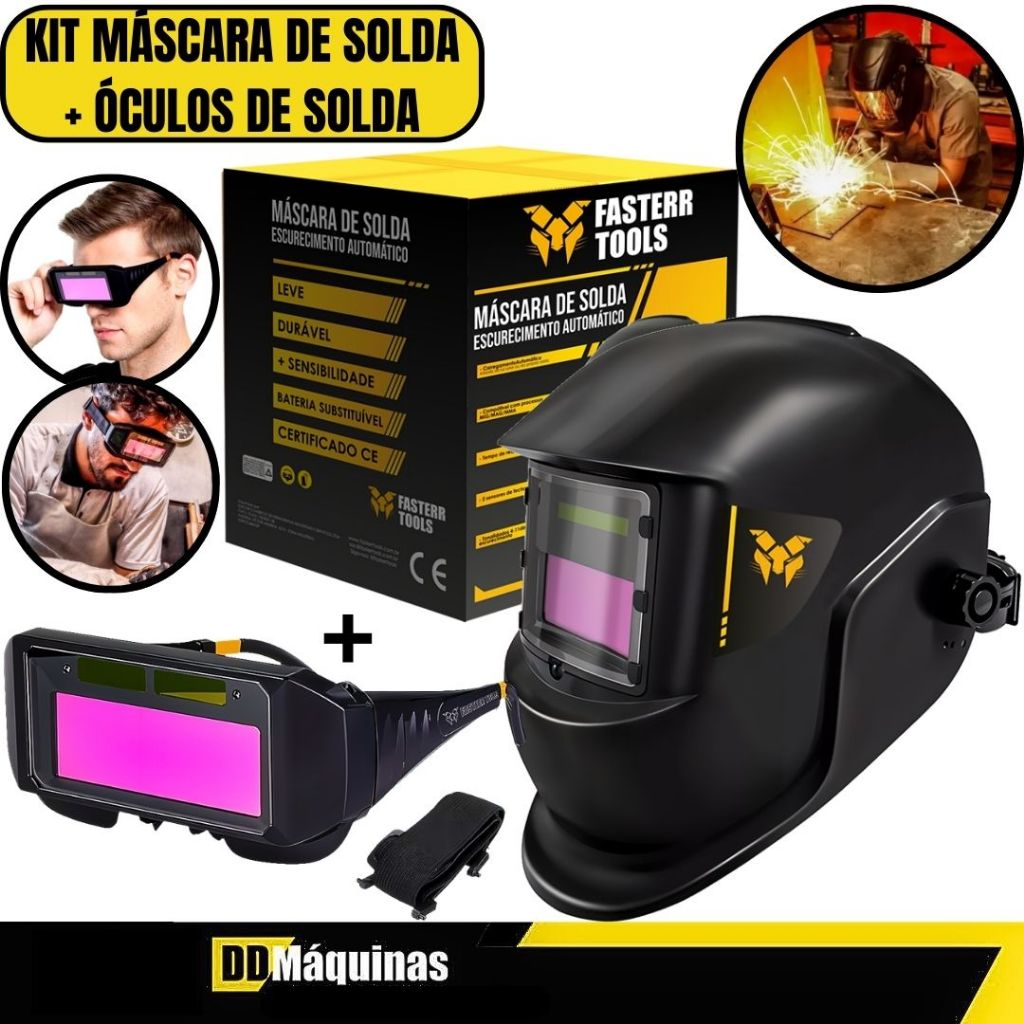 Kit Máscara de Solda Escurecimento Automático Sem Regulagem + Óculos de Solda Automático - Fasterr