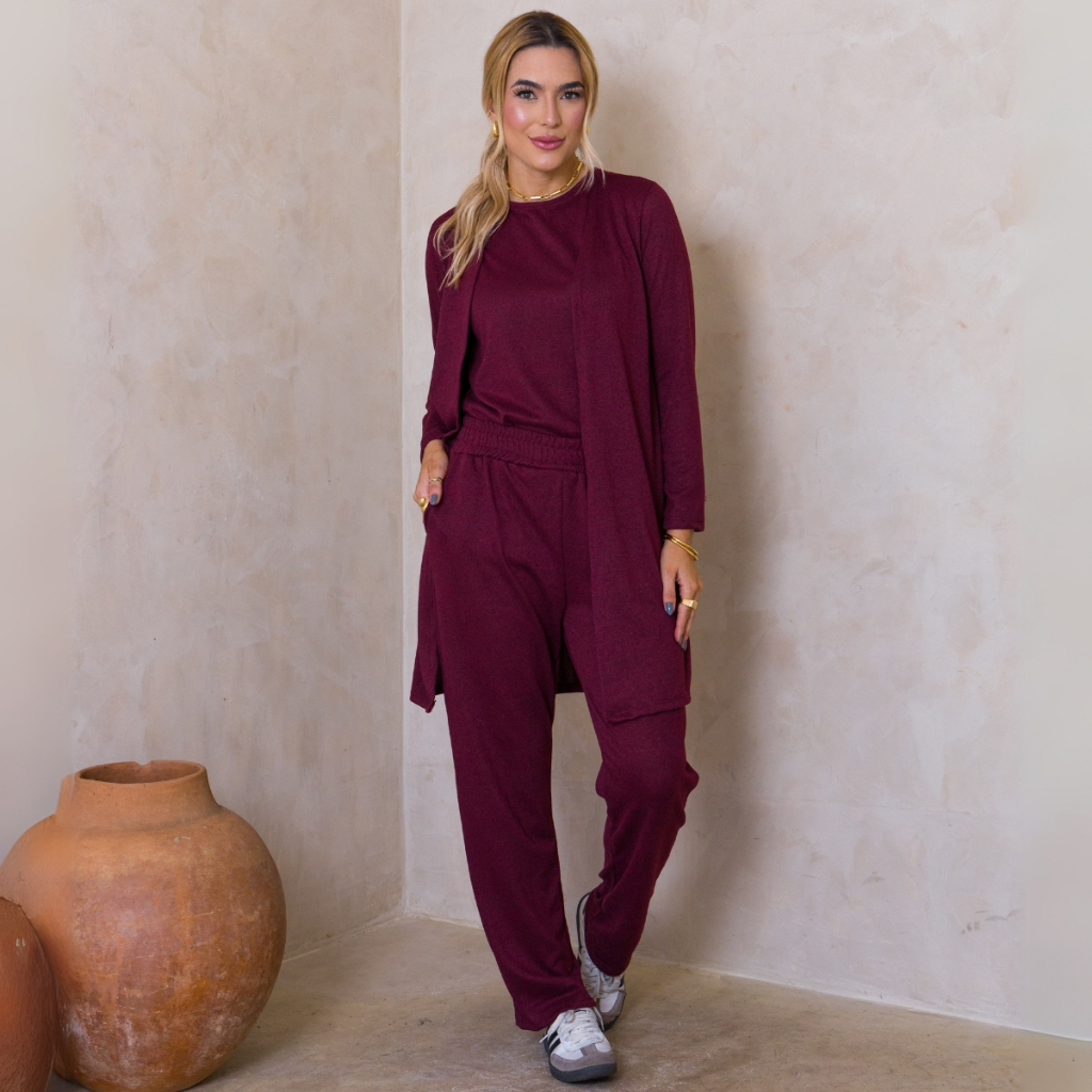 Conjunto 3 Peças Feminino de Inverno Malha de Tricot Moda Elegante Frio Confortavel Lanzinha