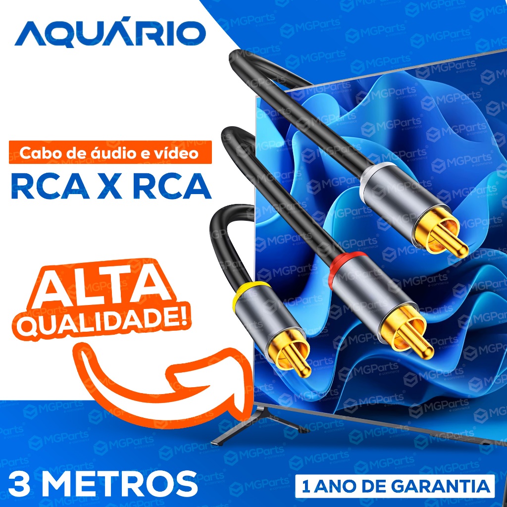 Cabo RCA x RCA Blindado Profissional Ponta Metal 3 Vias Áudio e Vídeo Garantia 12M Aquário