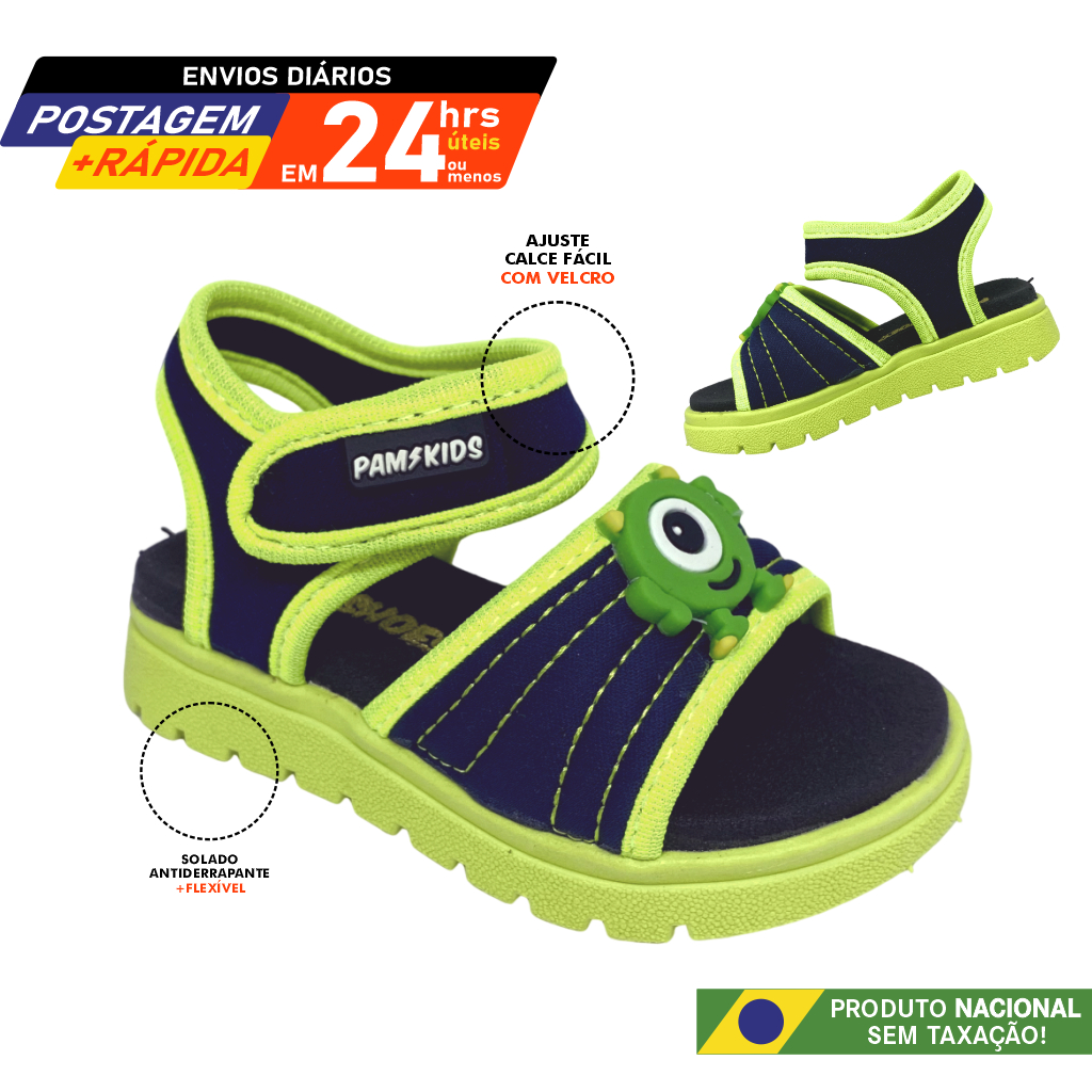 Sandália de menino Monstrinho Verde Em tecido calce fácil ajuste em velcro enfeite emborrachado