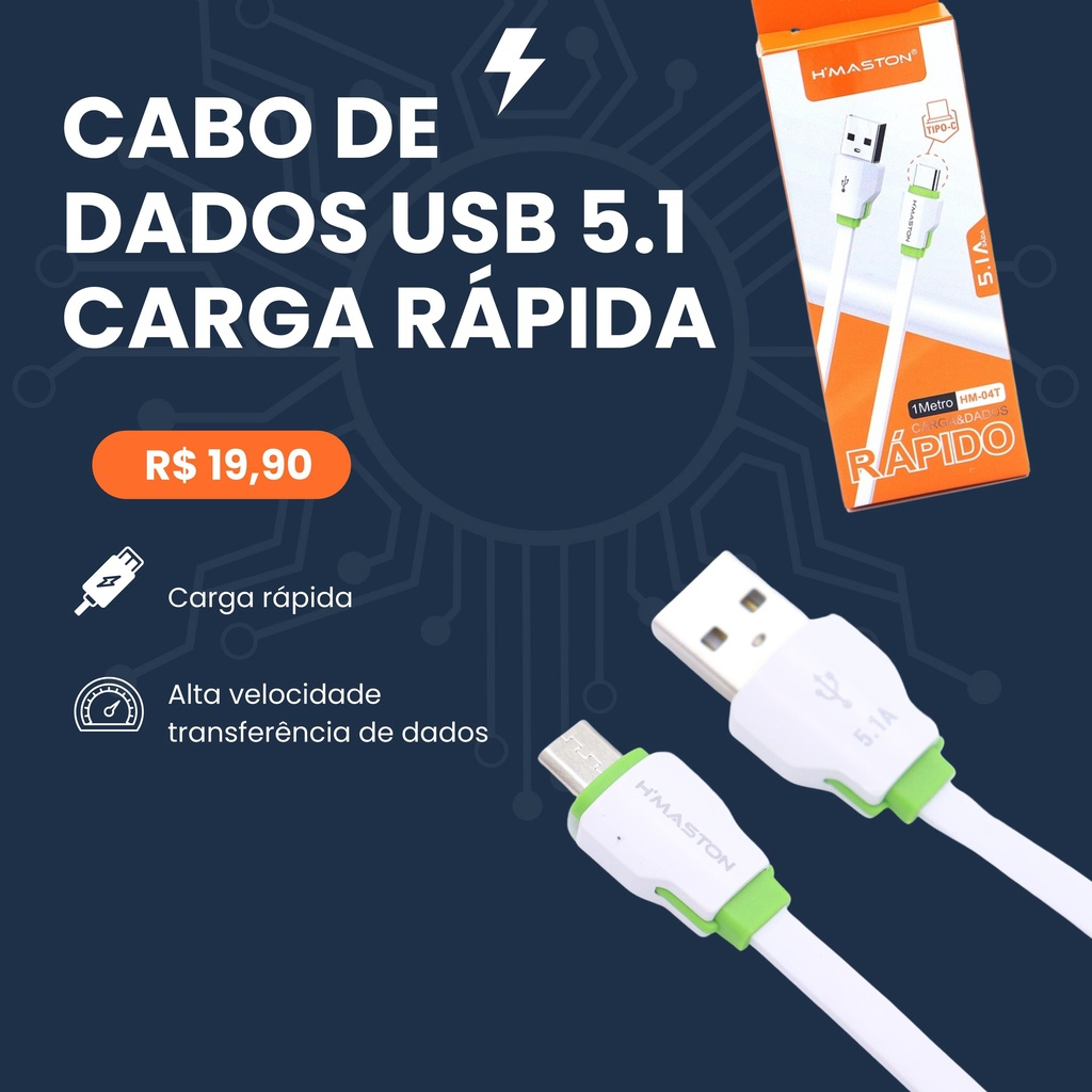 Cabo de Dados USB 5.1A Carregamento Rápido Type C