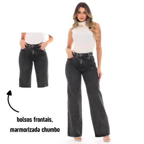 Calça Wide Leg Marmorizada Cinza/Chumbo Feminina Jeans Premium cintura alta Pantalona tendencia