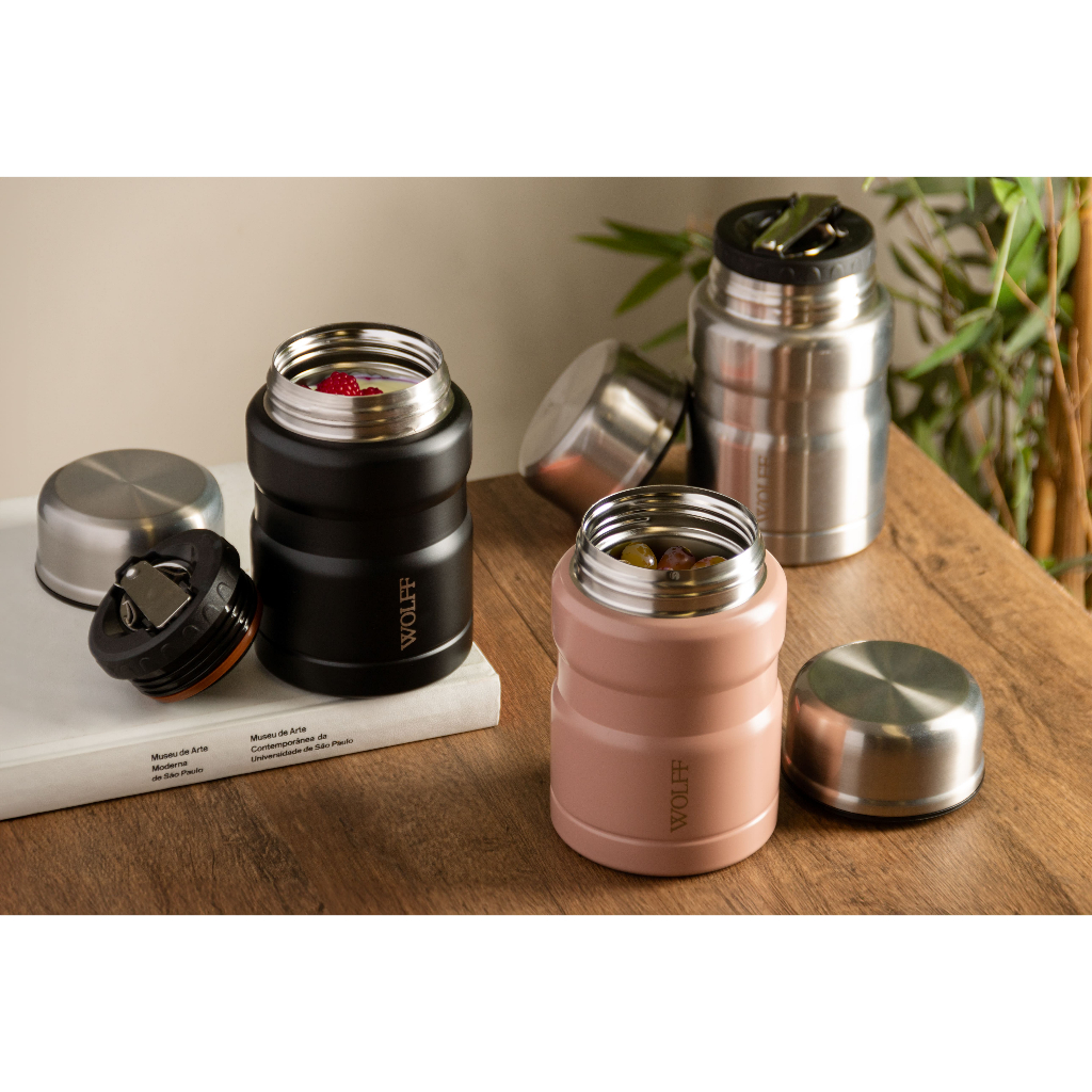Pote Térmico Wolff Dupla Parede de Aço Inox com Colher Rosa - Home & Living