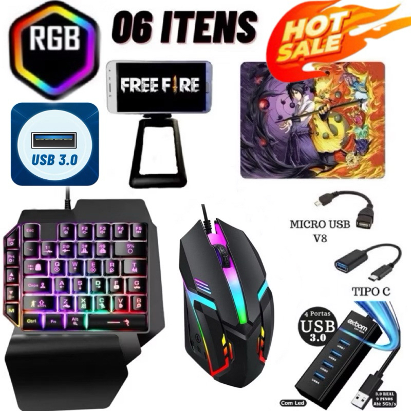 Kit 3.0 Mobilador Gamer Completo One Hand Uma Mao Otg Tipo C / V8 Para Celura / Ps4 / Notebook /Computador