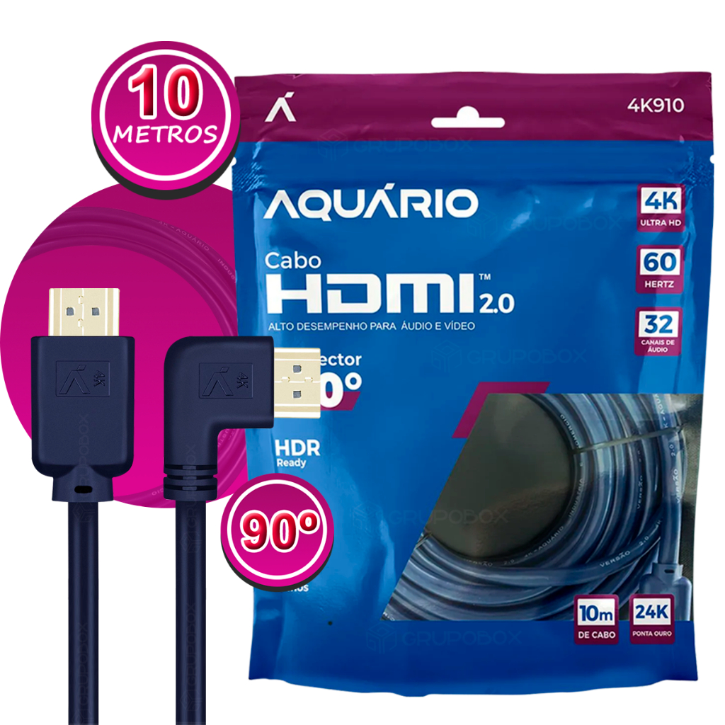 Cabo HDMI 90 Graus 2m 3m 5m 10m Ponta Gold 24K Em L 60Hz 4k Full HD Macho 19 Pinos Blindado 2.0 HDR
