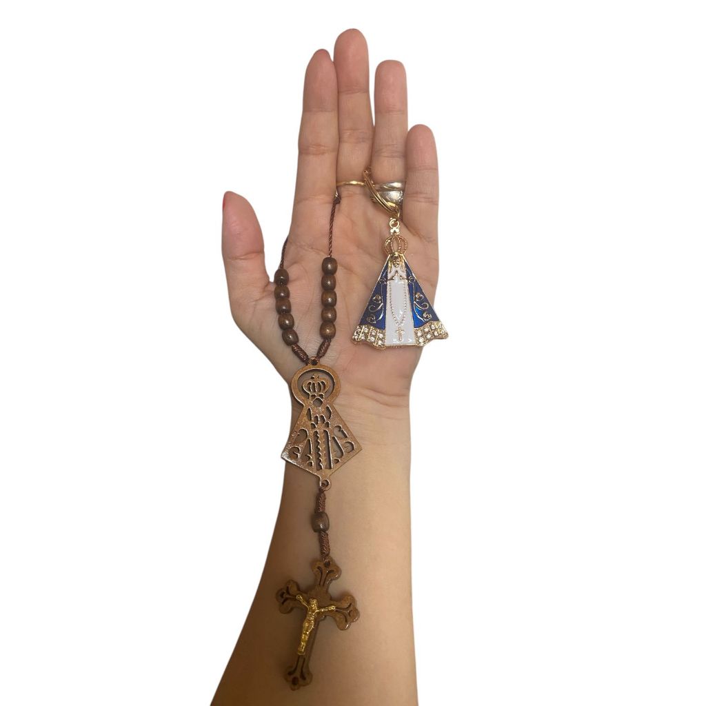 Kit Chaveiro de Nossa Senhora Aparecida com strass + dezena Católica de Nossa Senhora Aparecida