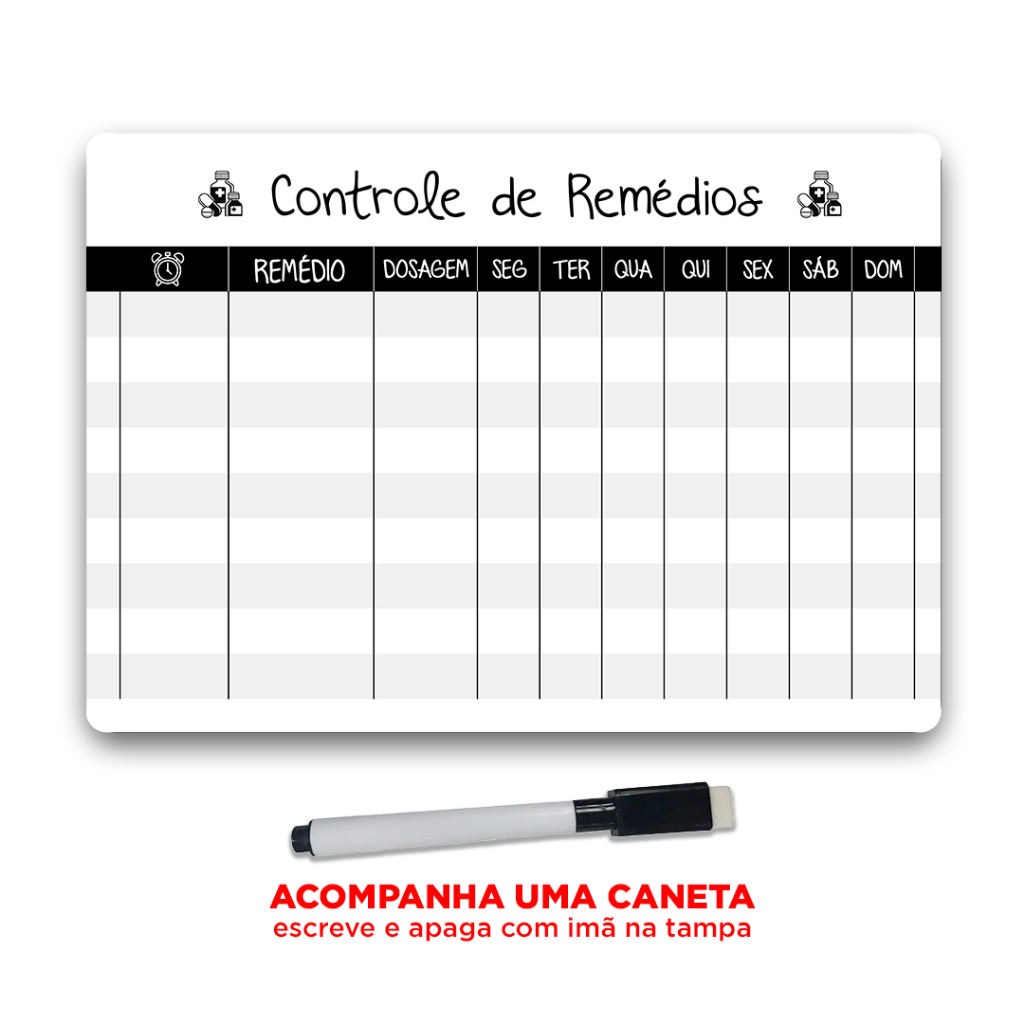 Lousa Magnética Geladeira Organização e Controle de Medicamentos c/ Caneta -  29x20cm