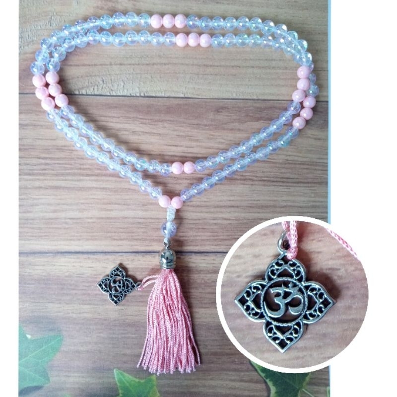 Imagem Japamala 108 Contas Acrílico Boreal e Rosa Claro 8 mm Pingente Símbolo Om Rosário Budista Meditação Ref:370