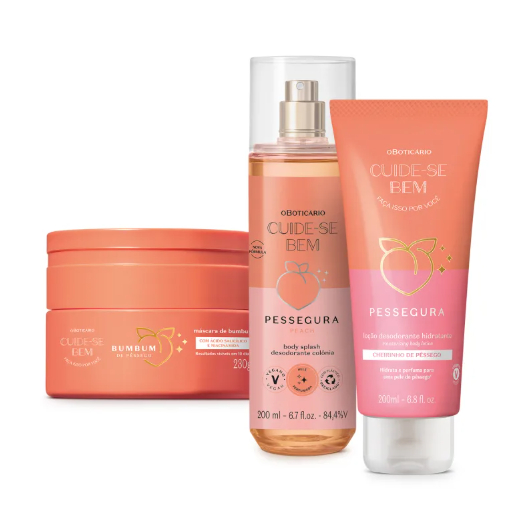 Combo Cuide-se Bem Pessegura: Body Splash 200ml + Hidratante Desodorante 200ml + Máscara de Bumbum 230g