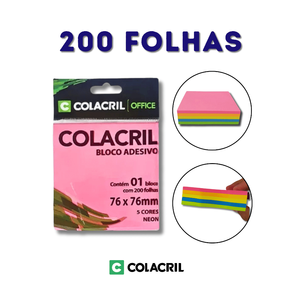 Bloco de Notas Adesivo Colacril 76x76mm 200 Folhas Tipo Post-it Colorido – Escritório ou Uso Escolar