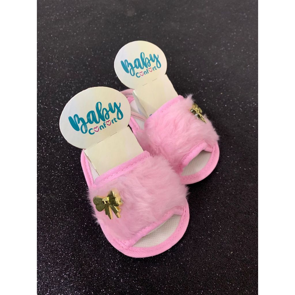 Sapatinho de bebê recém nascido - Pantufinha Rosa bebê pelúcia c/ Lacinho dourado em Oferta na Shopee