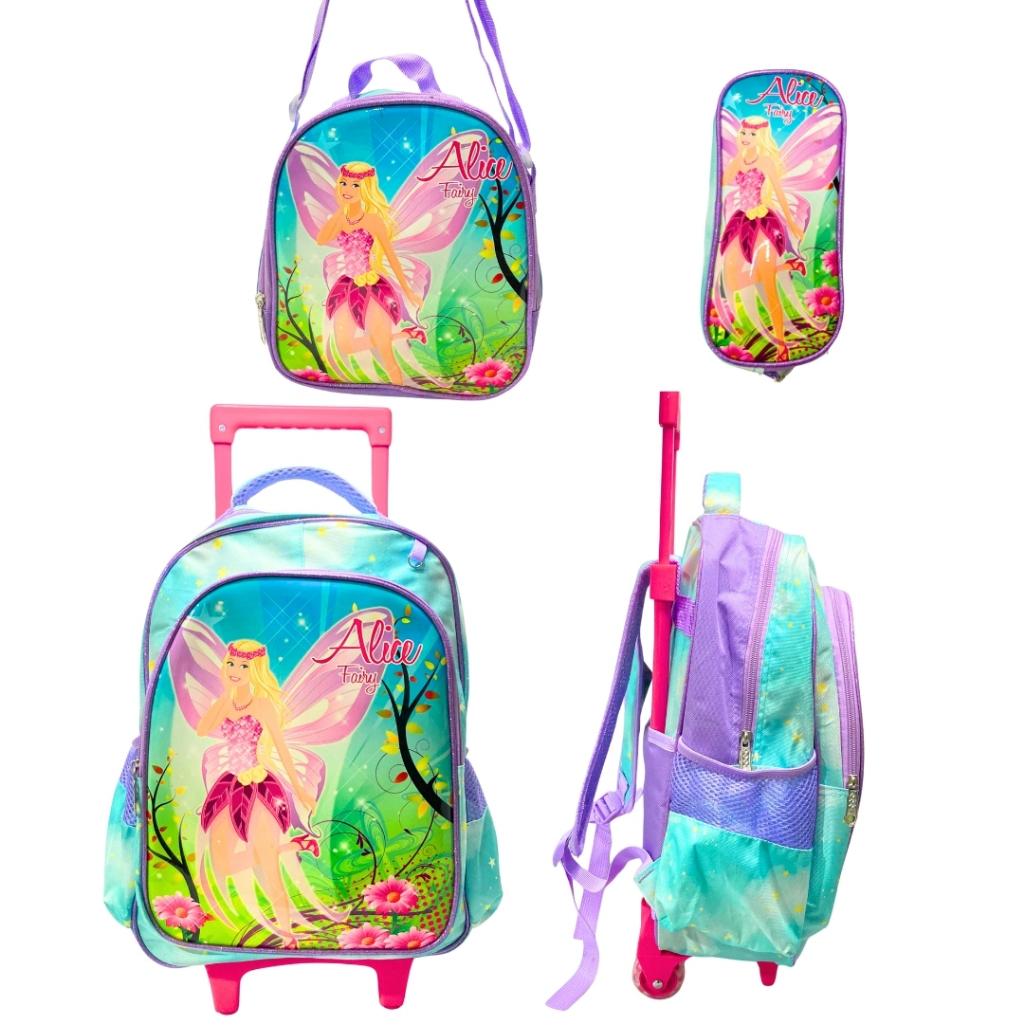 kit mochila escolar infantil menina Fada alice de rodinha com Alças + lancheira termica + estojol