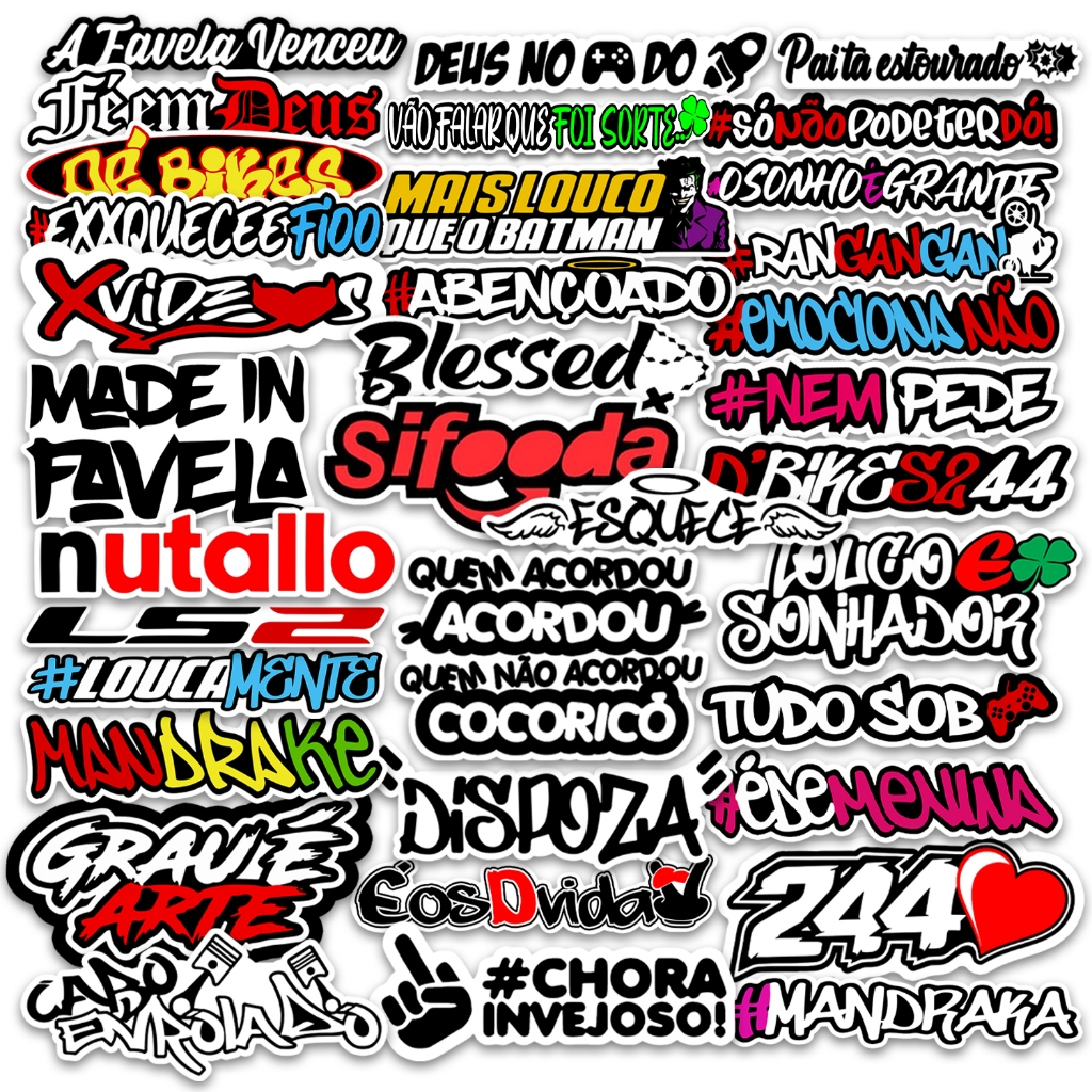 Kit com 50 Adesivos de Frases Variadas para Carro, Moto, Caderno, Notebook e Mais