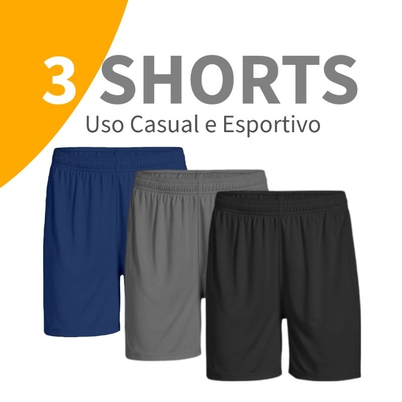 Shorts Masculinos Jersey Kit 3 Unidades Para Academia Treino Futebol e Casual
