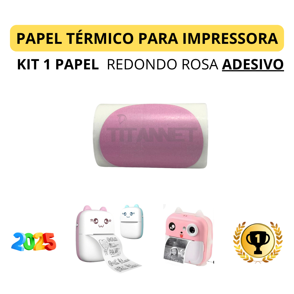 Kit com 1, 3 e 5 Rolos de Etiqueta Adesiva Redonda Rosa para Impressora Gato