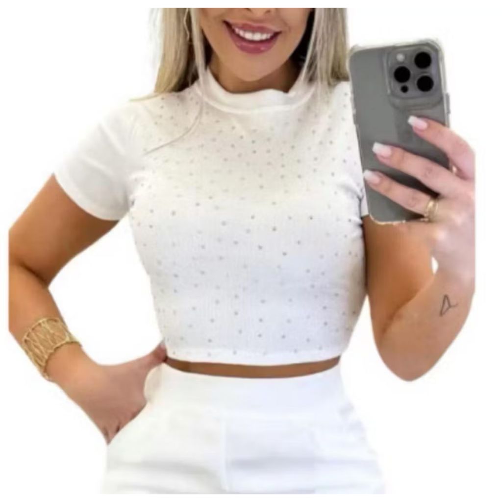 Cropped Blusa Camisa Brilho Strass Preta Branca Canelada Feminina