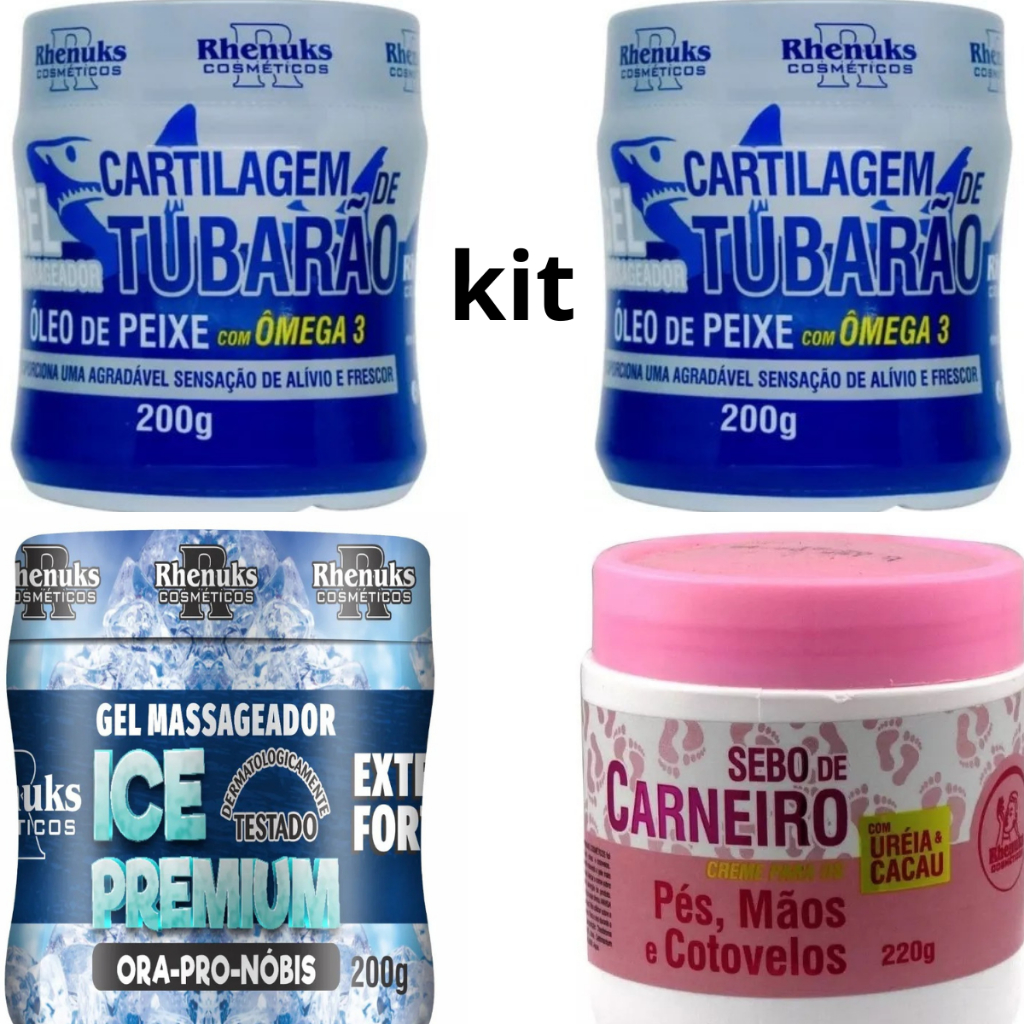 KIT  2 GEL CARTILAGEM DE TUBARÃO, 1 GEL ICE-PREMIUM, 1 POMADA SEBO DE CARNEIRO, RHENEKUS COSMÉTICOS