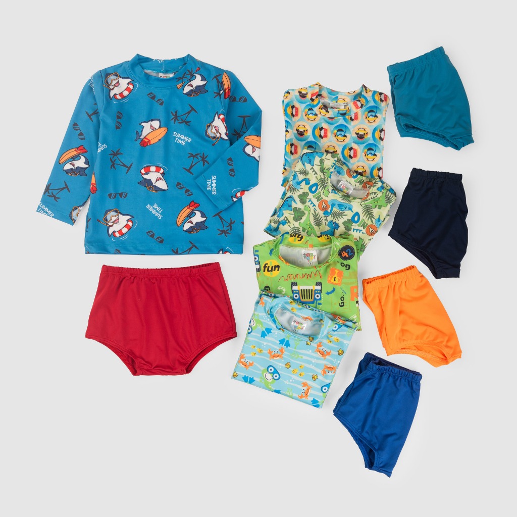 kit 2 peças moda praia proteção solar+50 menina menino bebê
