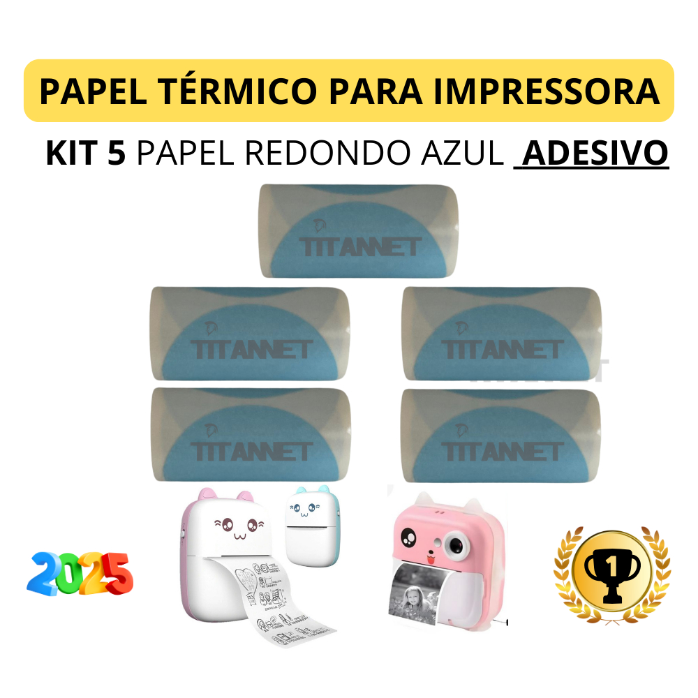 Kit com 1, 3 e 5 Rolos de Etiqueta Adesiva Redonda Azul para Impressora Gato