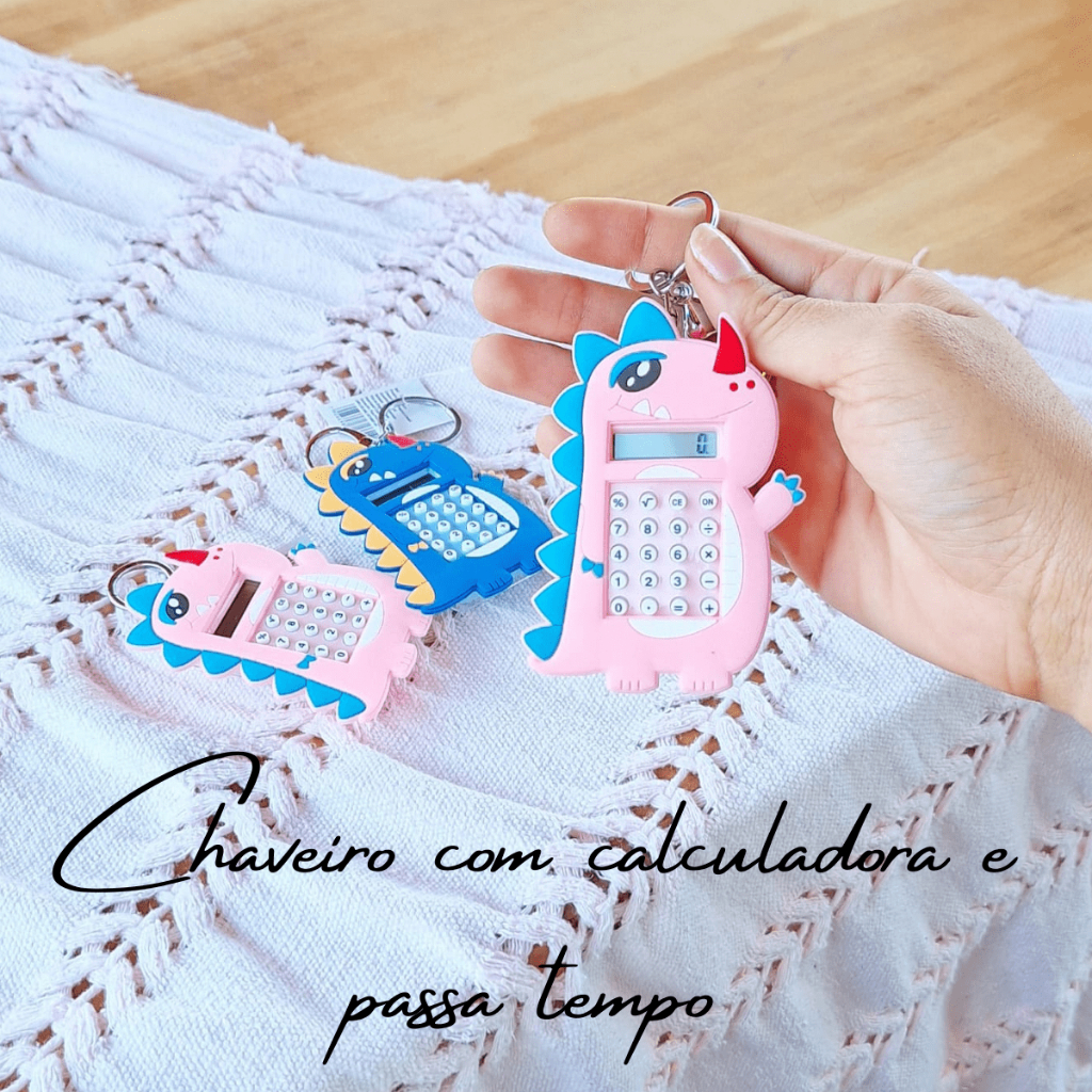 Chaveiro dinossauro linha fofo com calculadora e passa tempo