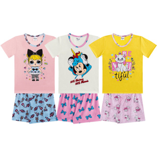 Kit Sortido 3 Pijamas Estampados Feminino/Menina  Infantil Juvenil Verão Algodão 03 ao 16 em Oferta na Shopee