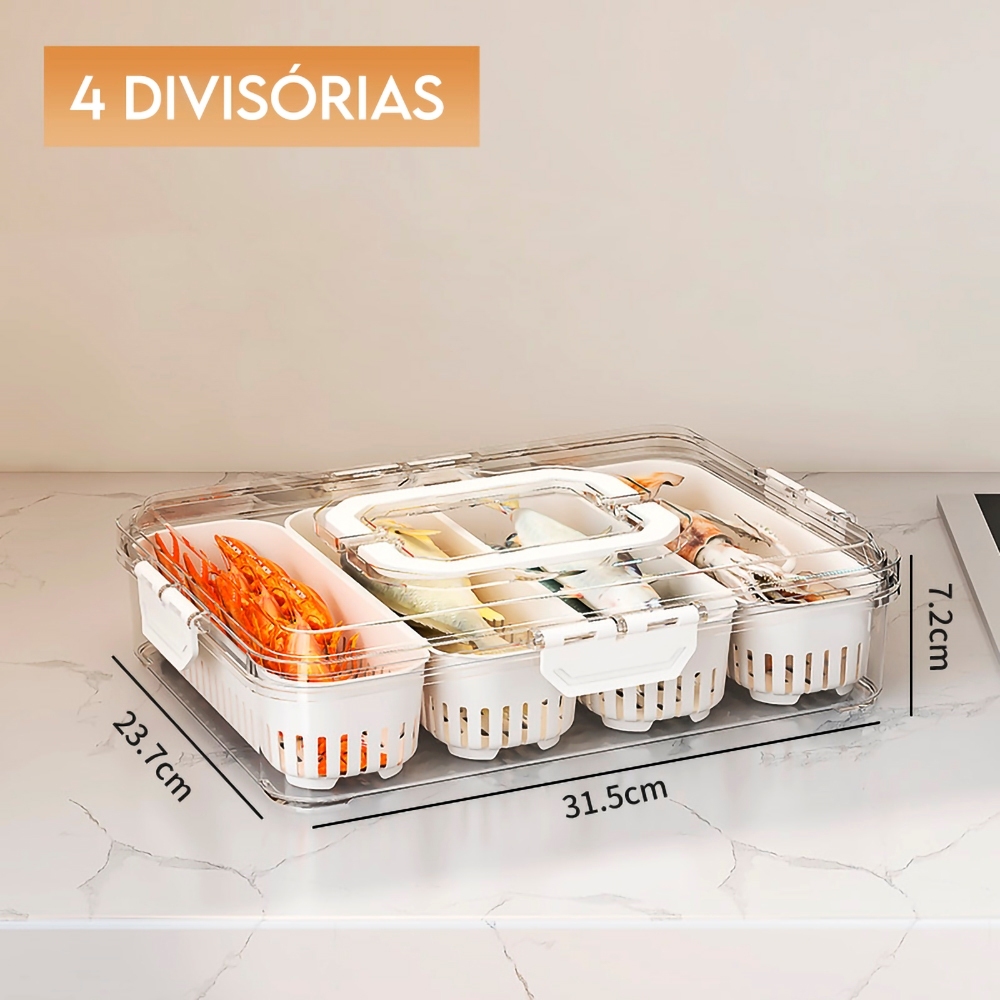 Organizador de Geladeira Com 4 Cestos Escorredor Multiuso Cozinha Hermético Carnes Lugumes