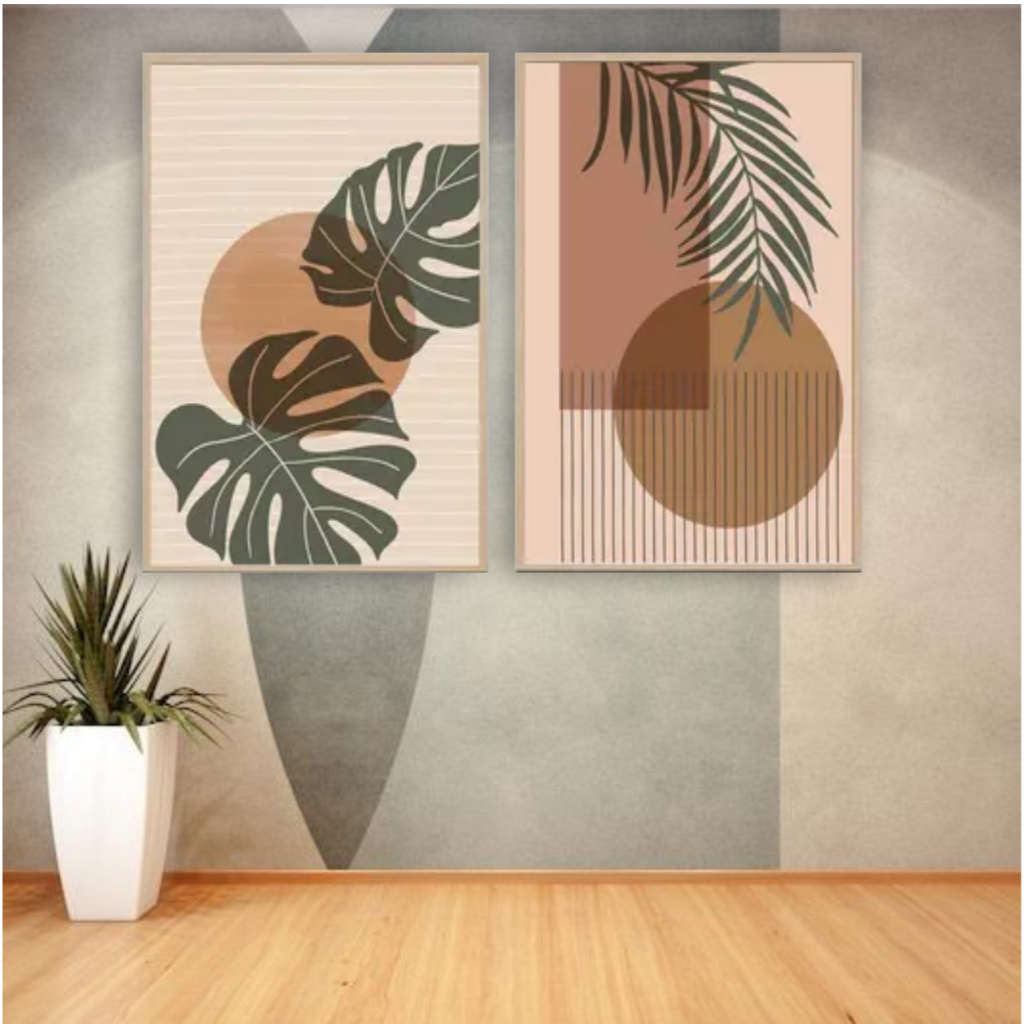 Quadro decorativo 2 peças folhas folhagens abstrato geométrico cores neutras decoração sala quarto em Oferta na Shopee
