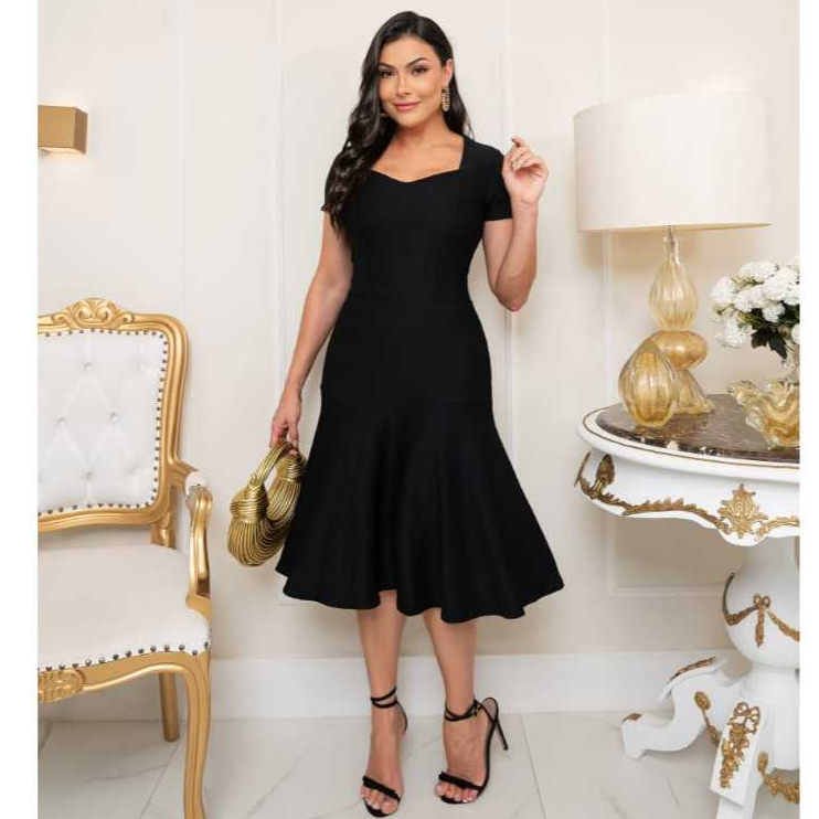 Vestido Social Feminino Midi Sereia em Crepe com elastano Moda Blogueira