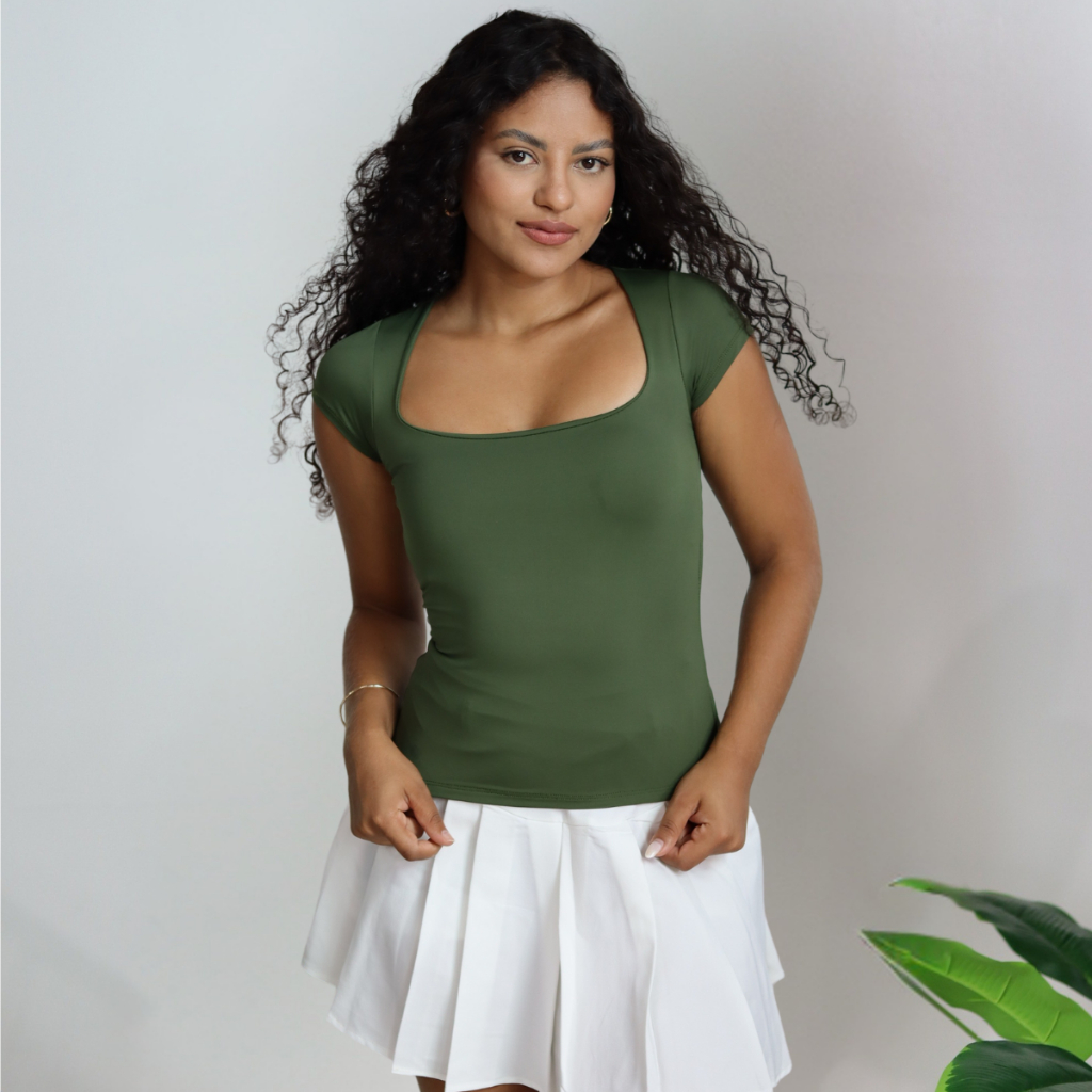 Blusa Feminina Decote Quadrado Manguinha BabyLook Poliamida Básica Casual em Oferta na Shopee