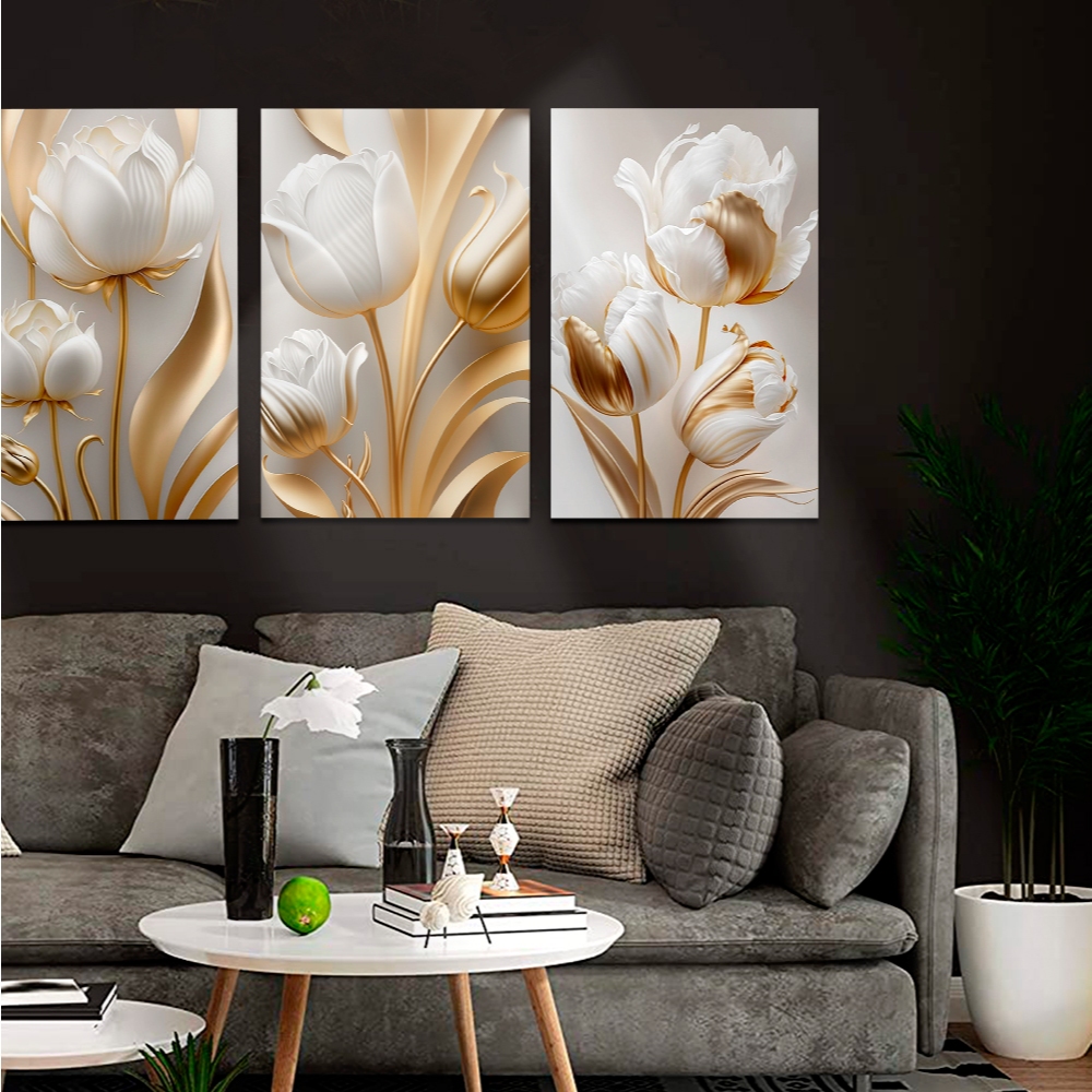 Quadros Decorativos Flor Tulipa Dourada e Branca 3 Peças Mosaico Sala Quarto Escritório — imagem 2 de 2