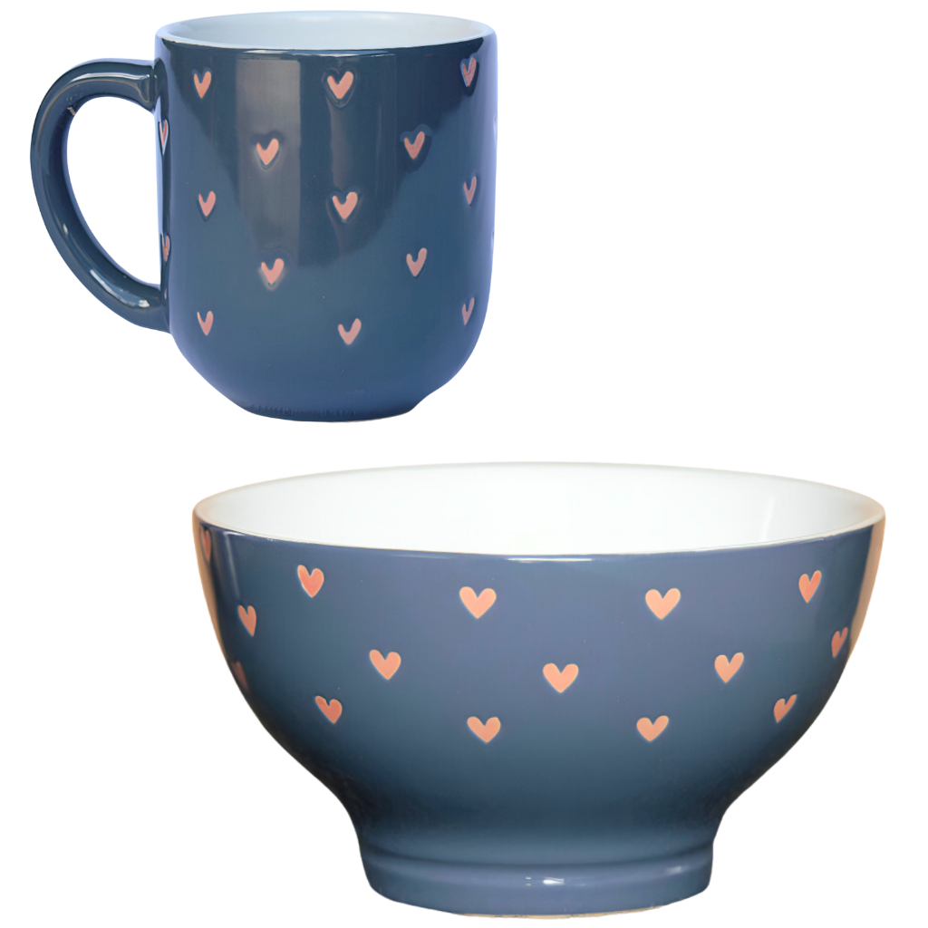 Conjunto Caneca Bowl Poá Coração Cerâmica 300ml Cinza Xícara Tigela Cumbuca Redonda
