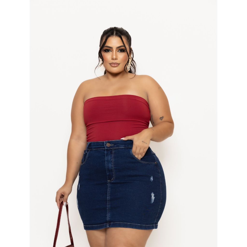 Saia Jeans Feminina Plus Size Azul Escuro Destroyed em Oferta na Shopee
