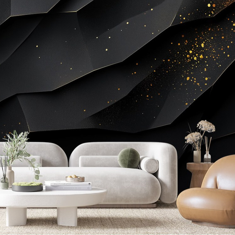 Papel de Parede 3D Papel de Parede Preto Minimalista Dourado Adesivo Lavavel Para Sala Escritorio