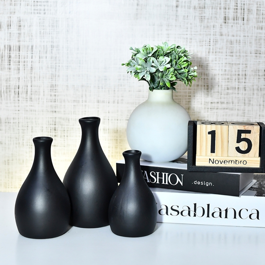 Kit Trio 3 Vasos Ceramica Enfeite Decorativo Centro Mesa Sala rack sala Conjunto aparador Moderno