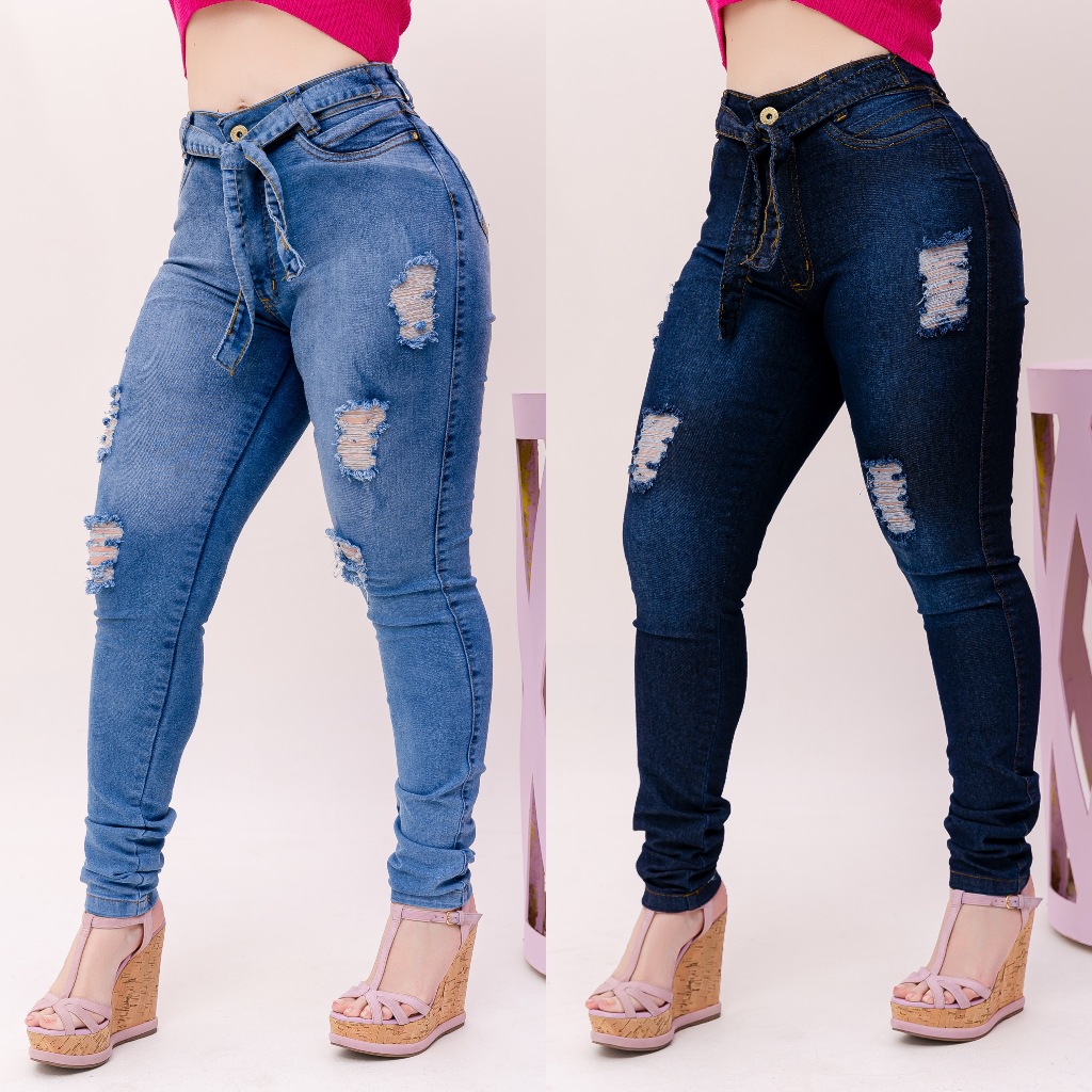 Calça Jeans Feminina Premium Lycra Modela Levanta Bumbum Cós Cintura Alta Skinny com Elastano em Oferta na Shopee