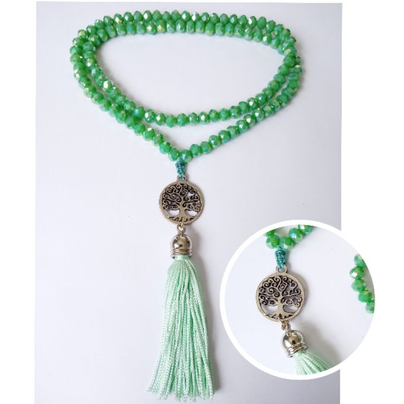 Imagem Japamala 108 Contas Cristal Verde Hortelã Com Meru Pingente Árvore da Vida Rosário Budista Ref:371
