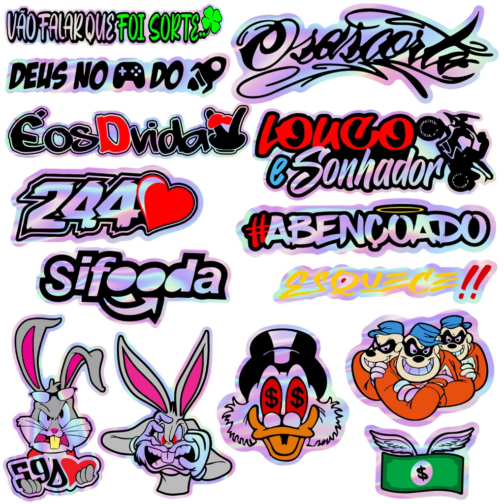 Kit 14 Adesivos Holografico Cartela Pernalonga 244 Abençoado Osascorte Louco e Sonhador Camaleão