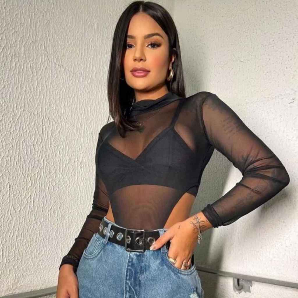 Body Manga Longa Cavado Transparente Tule Preto Gola Alta Gringa Balada Blogueira Envio Imediato