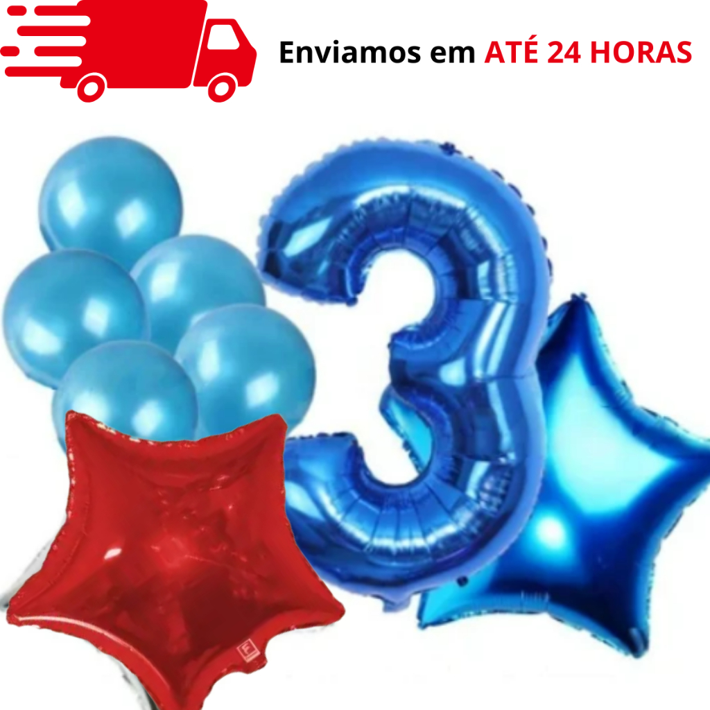 Kit 8 unidades balão número azul bexigas e estrelas festas decorações