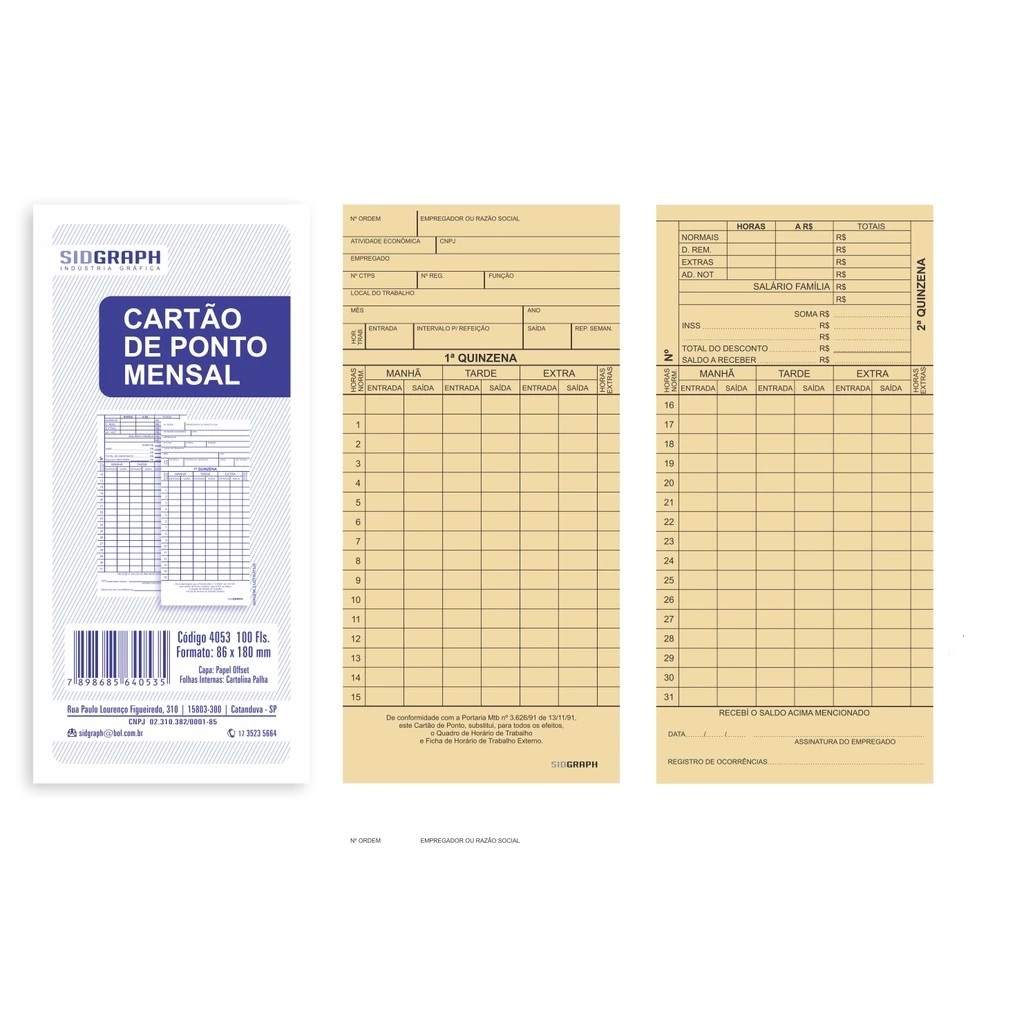 Cartão De Ponto Mensal Palha 4053 100 Fls 86X180mm Sidgraph