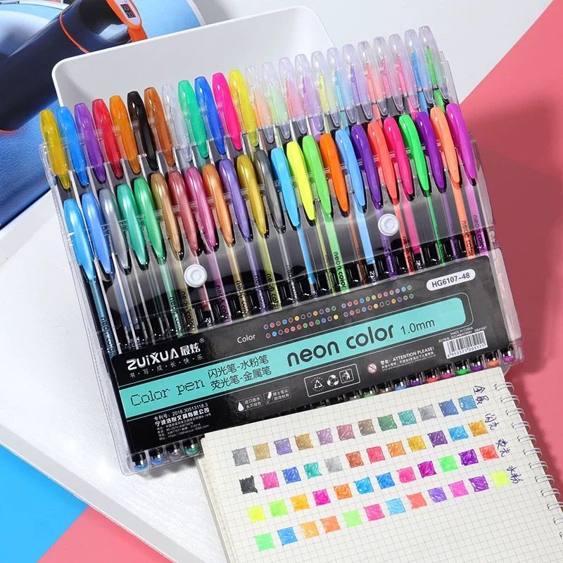 Kit Canetas Gel 12/24/36/48 Cores Glitter Metálico Tons Pasteis E Neon