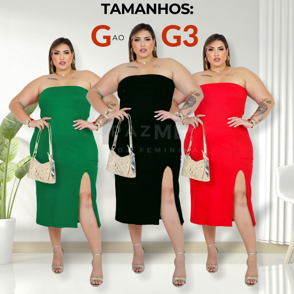 Vestido Midi PAZME Plus Size Tomara Que Caia Fenda Frontal