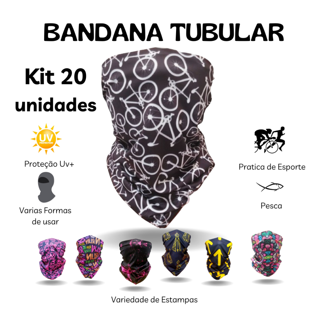Kit 20 Bandanas Tubular Ciclismo Balaclava Uv+