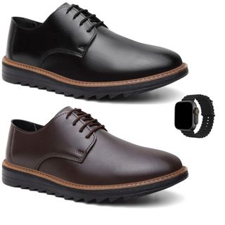 Combo 2 Pares Sapato Masculino Oxford Derby de Couro Legitimo Palmilha Antibacteriana Solado Costurado + Relógio Digital