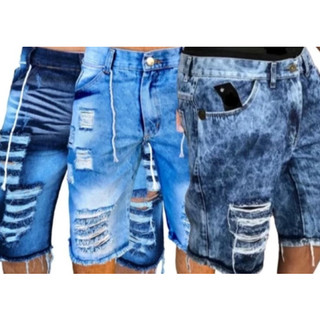 Kit com 3 Shorts Masculino Rasgado Bermuda Jeans Clara Escura Preta e Branca Você Escolhe a Cor