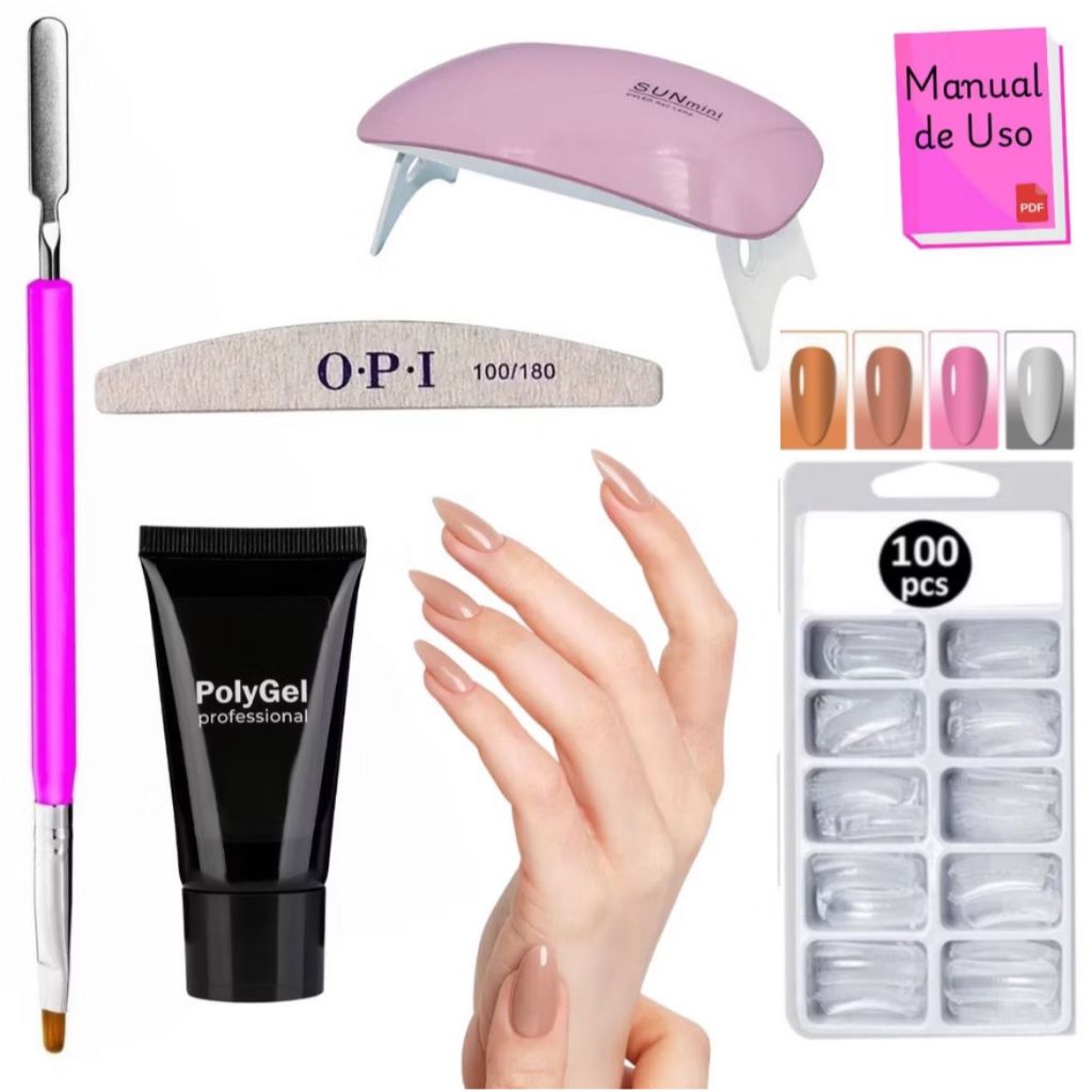 Kit Alongamento manicure Poligel Polygel + Molde F1 + Lixa + Mini Cabine De Unha + Pincel original