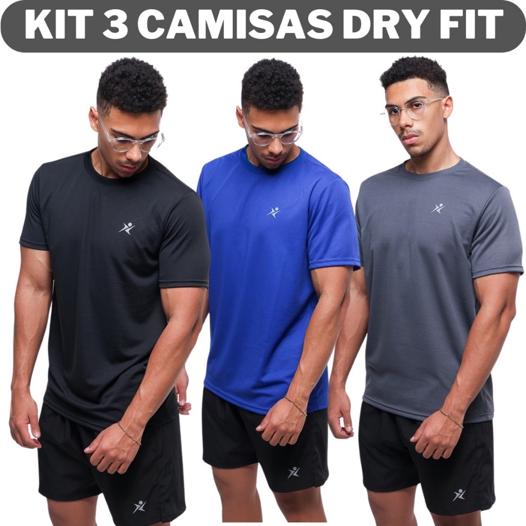 kit com 3 Camisa Masculina Térmica logo refletivo camisa Academia Proteção Solar Uv Dry Fit