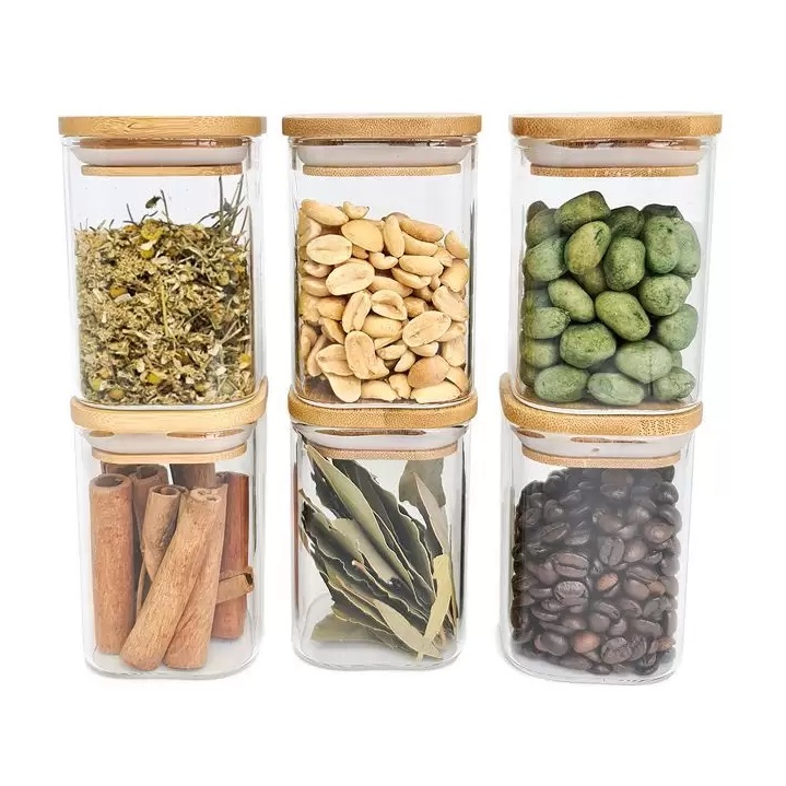 Kit 6 Potes Vidro Borossilicato Condimentos Com Tampa Empilhavel Bambu Quadrado 400ml